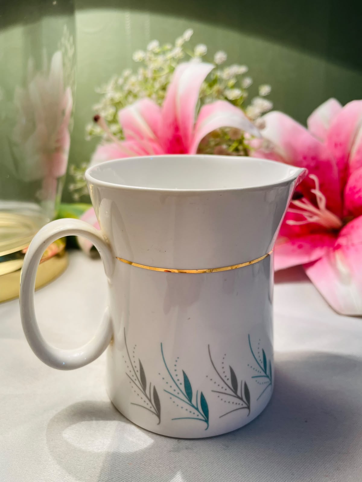 Vintage DEMURE ROYAL Stafford  Ceramic Milk Jug Teal Leaf Gold Detail 10 cm