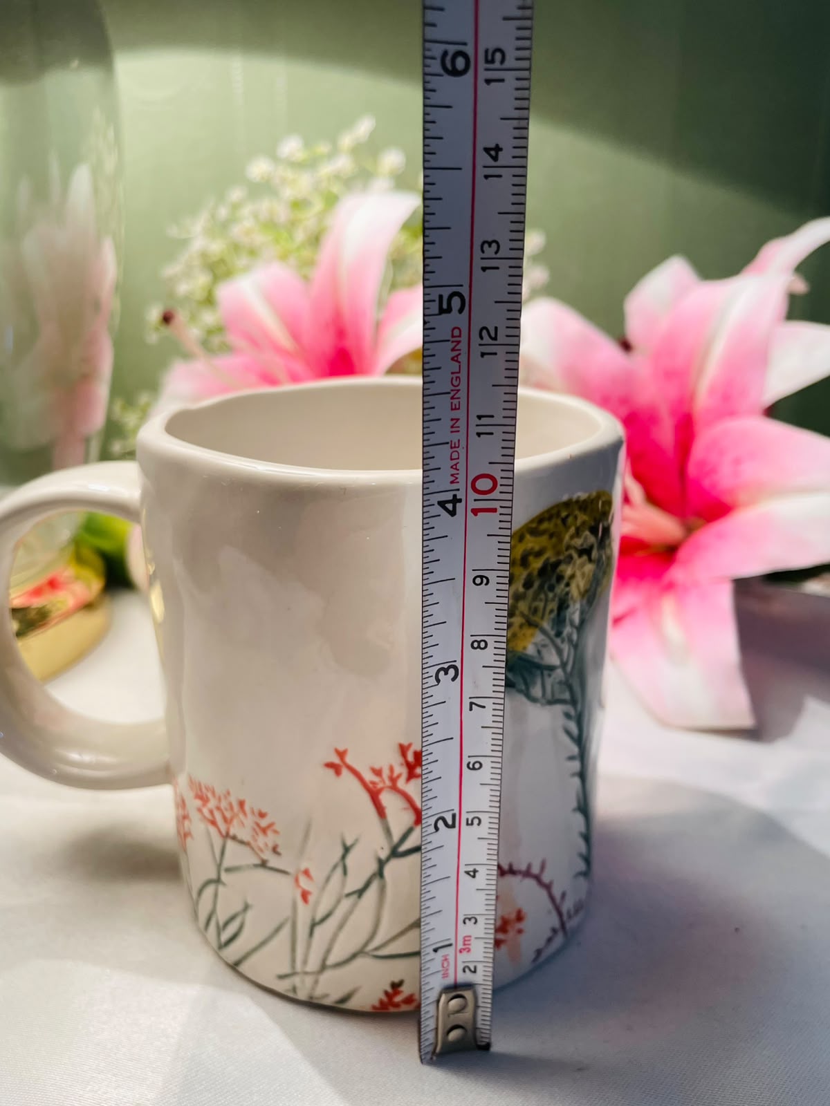White Ceramic Hand painted Mug Botanical Landscape Design 10 cm
