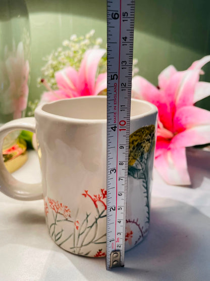 White Ceramic Hand painted Mug Botanical Landscape Design 10 cm