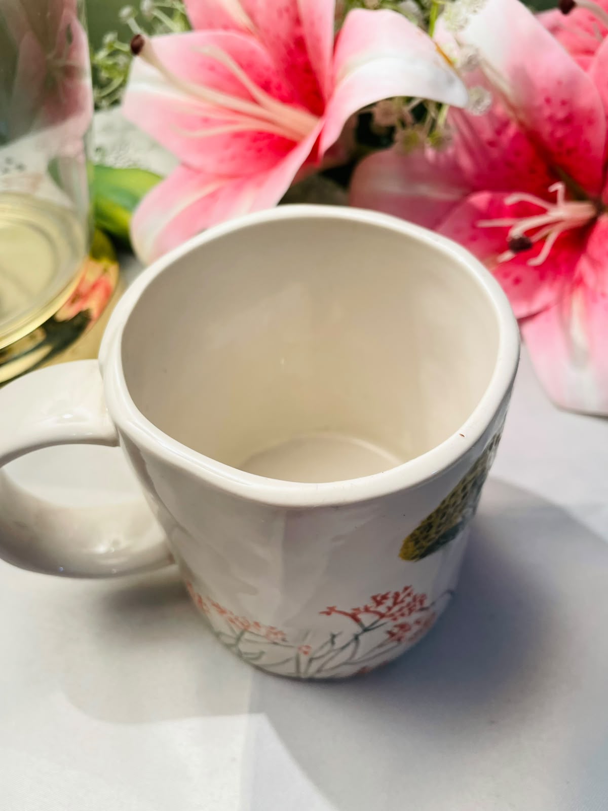 White Ceramic Hand painted Mug Botanical Landscape Design 10 cm