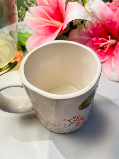White Ceramic Hand painted Mug Botanical Landscape Design 10 cm