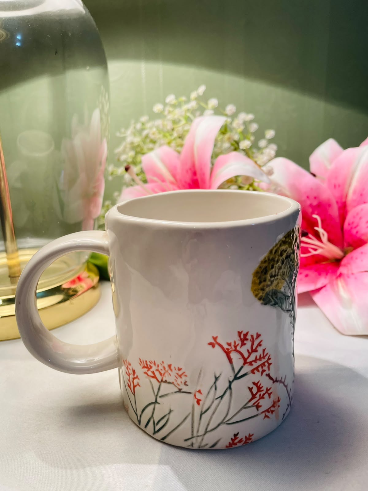 White Ceramic Hand painted Mug Botanical Landscape Design 10 cm