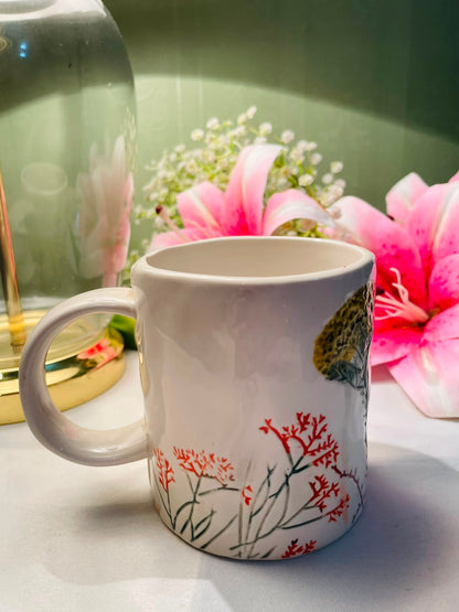 White Ceramic Hand painted Mug Botanical Landscape Design 10 cm