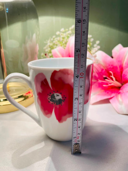 White Ceramic Mug Red Poppy Floral Design 10 cm