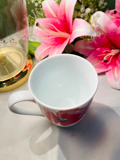 White Ceramic Mug Red Poppy Floral Design 10 cm