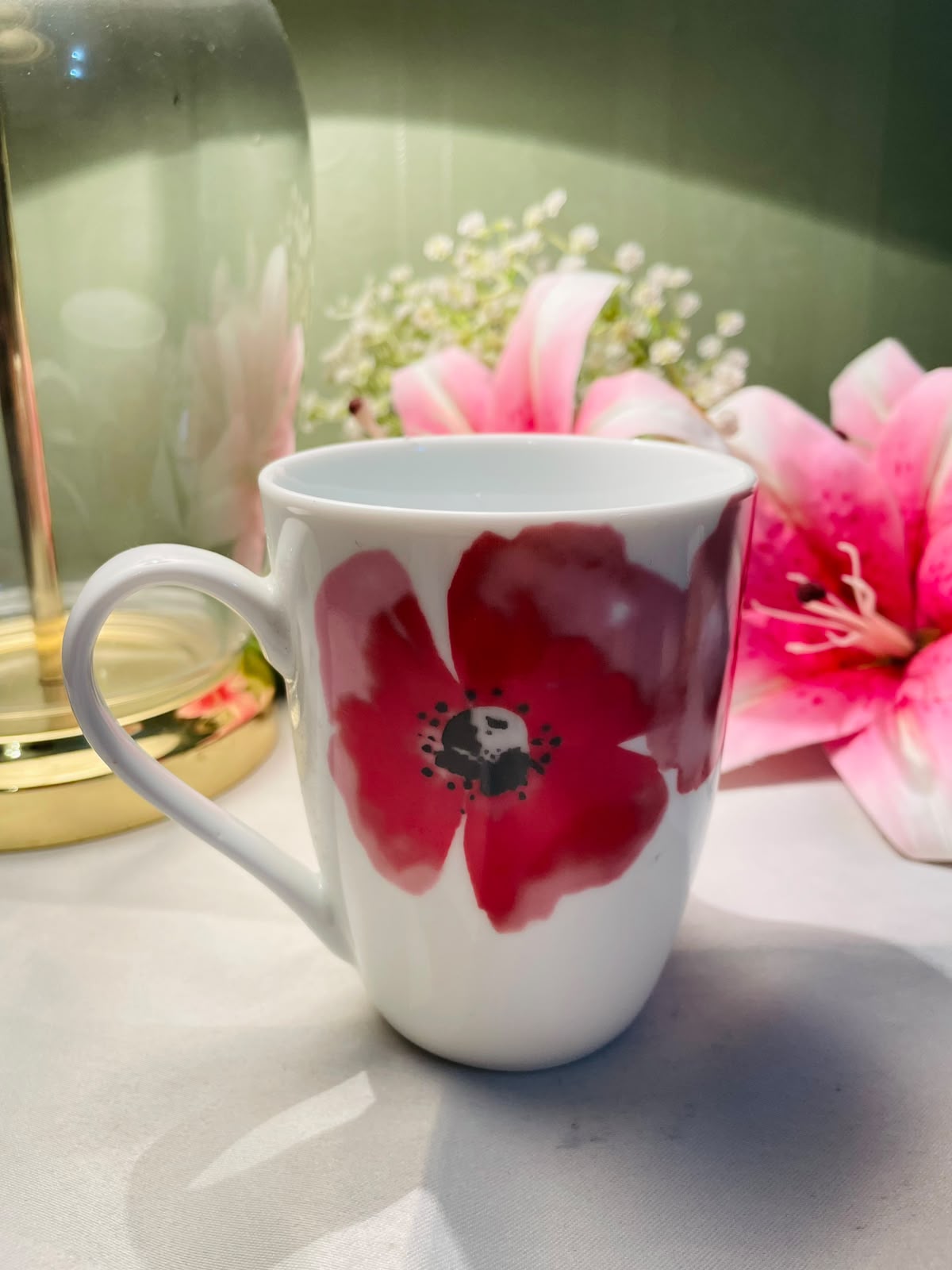 White Ceramic Mug Red Poppy Floral Design 10 cm