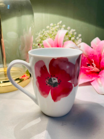 White Ceramic Mug Red Poppy Floral Design 10 cm