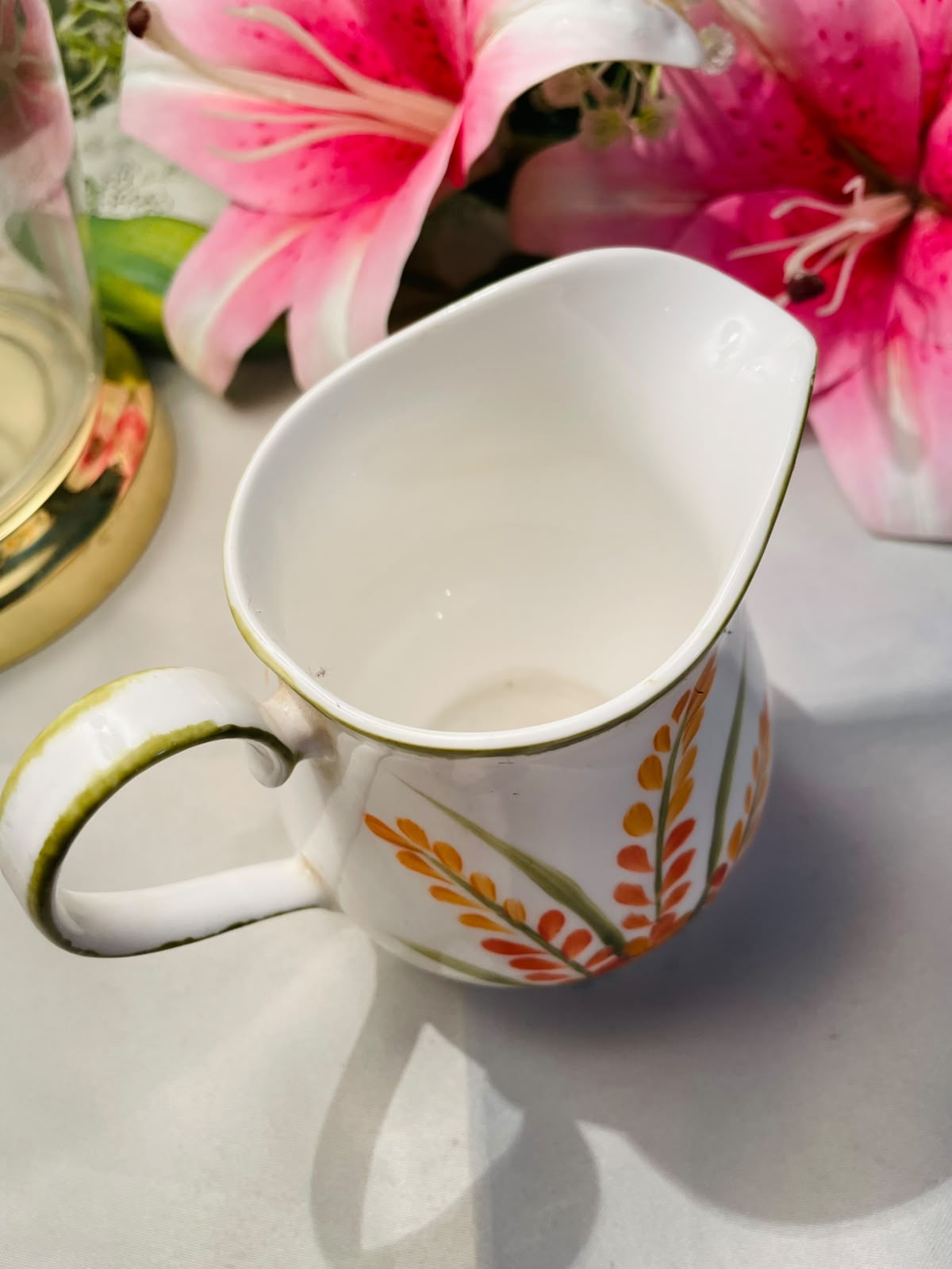 Vintage Hand painted White Floral Ceramic Milk Jug Orange Botanical 10 cm