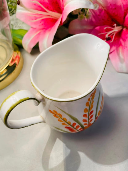 Vintage Hand painted White Floral Ceramic Milk Jug Orange Botanical 10 cm
