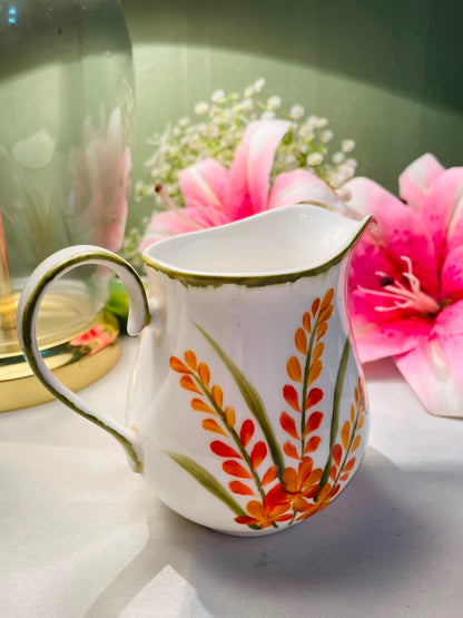 Vintage Hand painted White Floral Ceramic Milk Jug Orange Botanical 10 cm