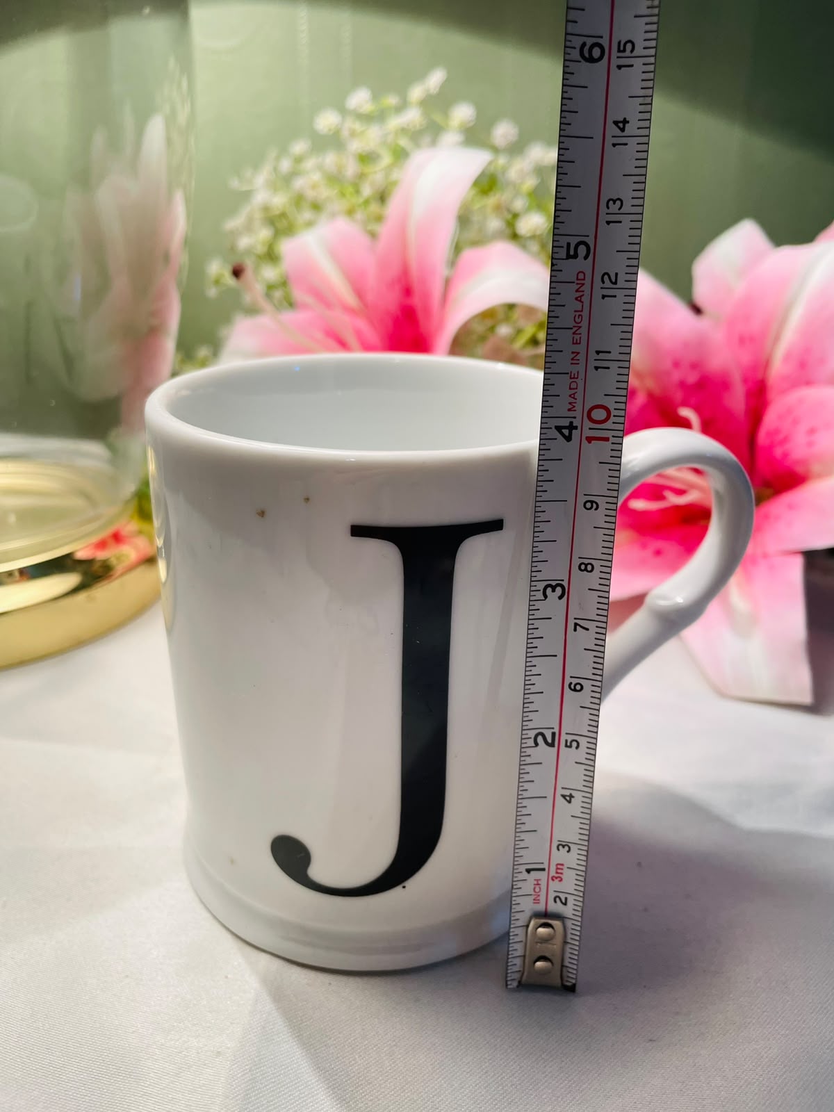 White Ceramic Letter J Mug Black Initial Design 10 cm