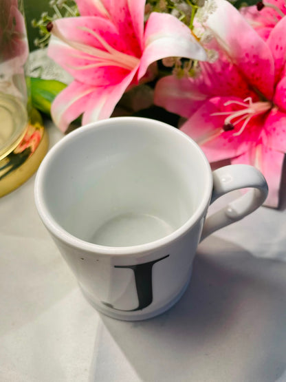 White Ceramic Letter J Mug Black Initial Design 10 cm