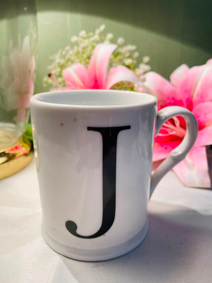 White Ceramic Letter J Mug Black Initial Design 10 cm