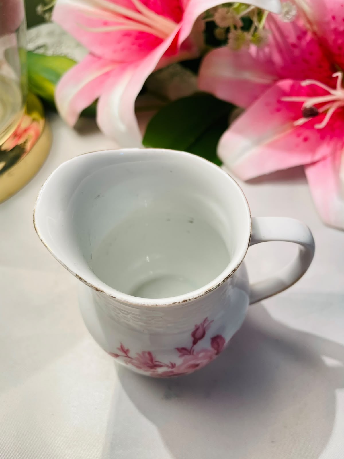 Vintage White Pink Floral Milk Jug Silver Rim 9 cm