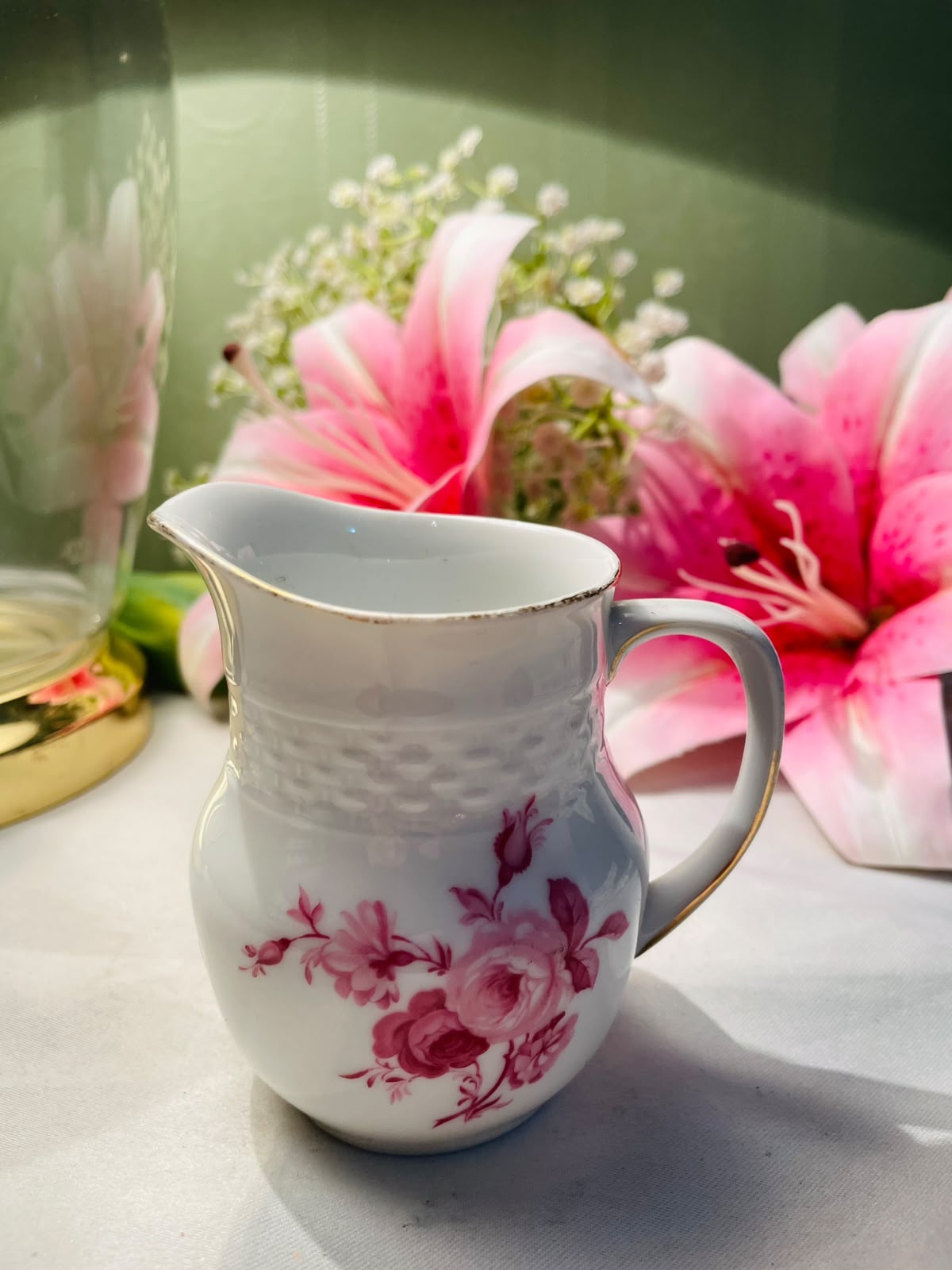 Vintage White Pink Floral Milk Jug Silver Rim 9 cm