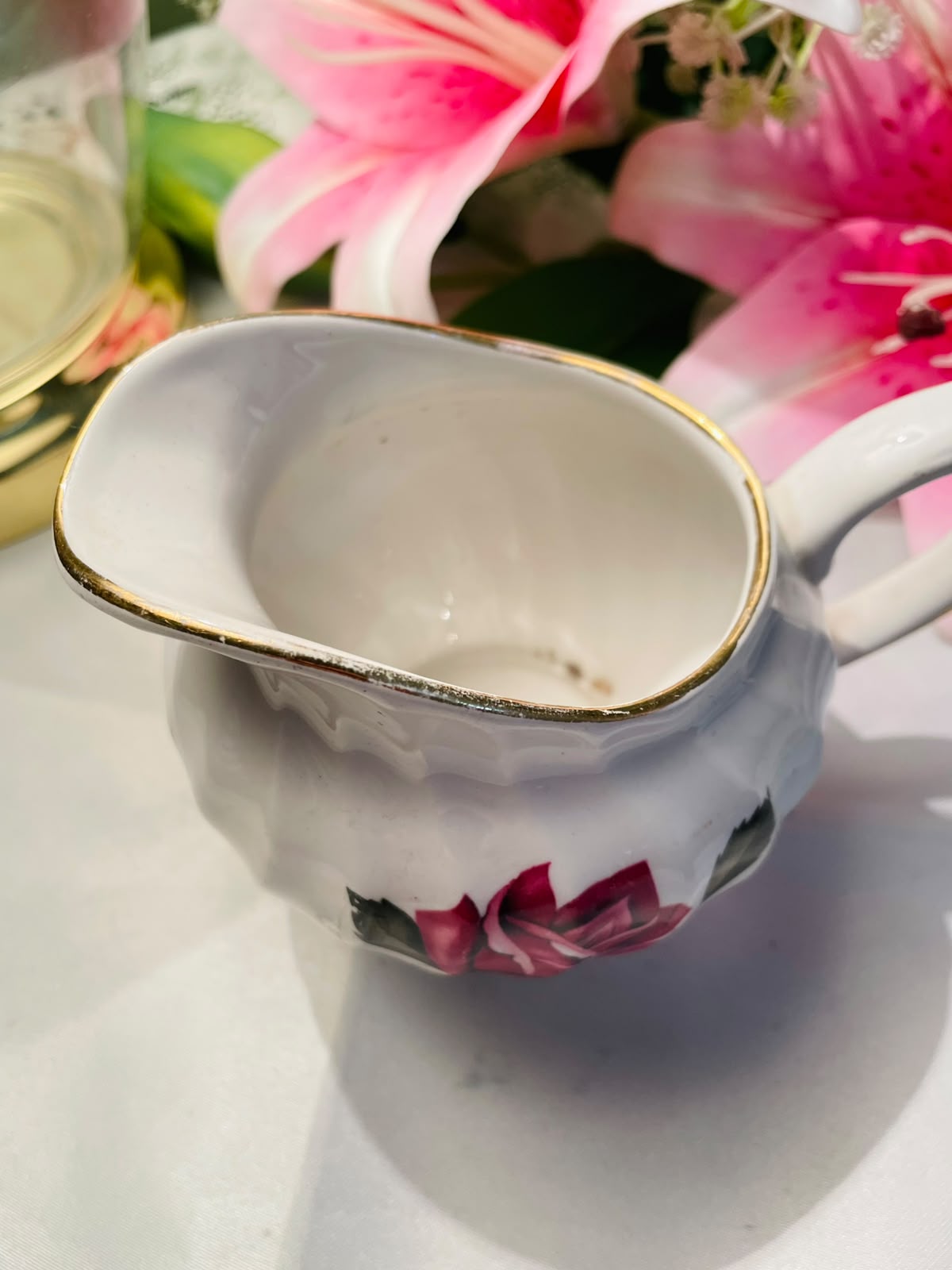 Vintage Royal Wessex White Ironstone White Rose Ceramic Milk Jug Gold Rim 10 cm