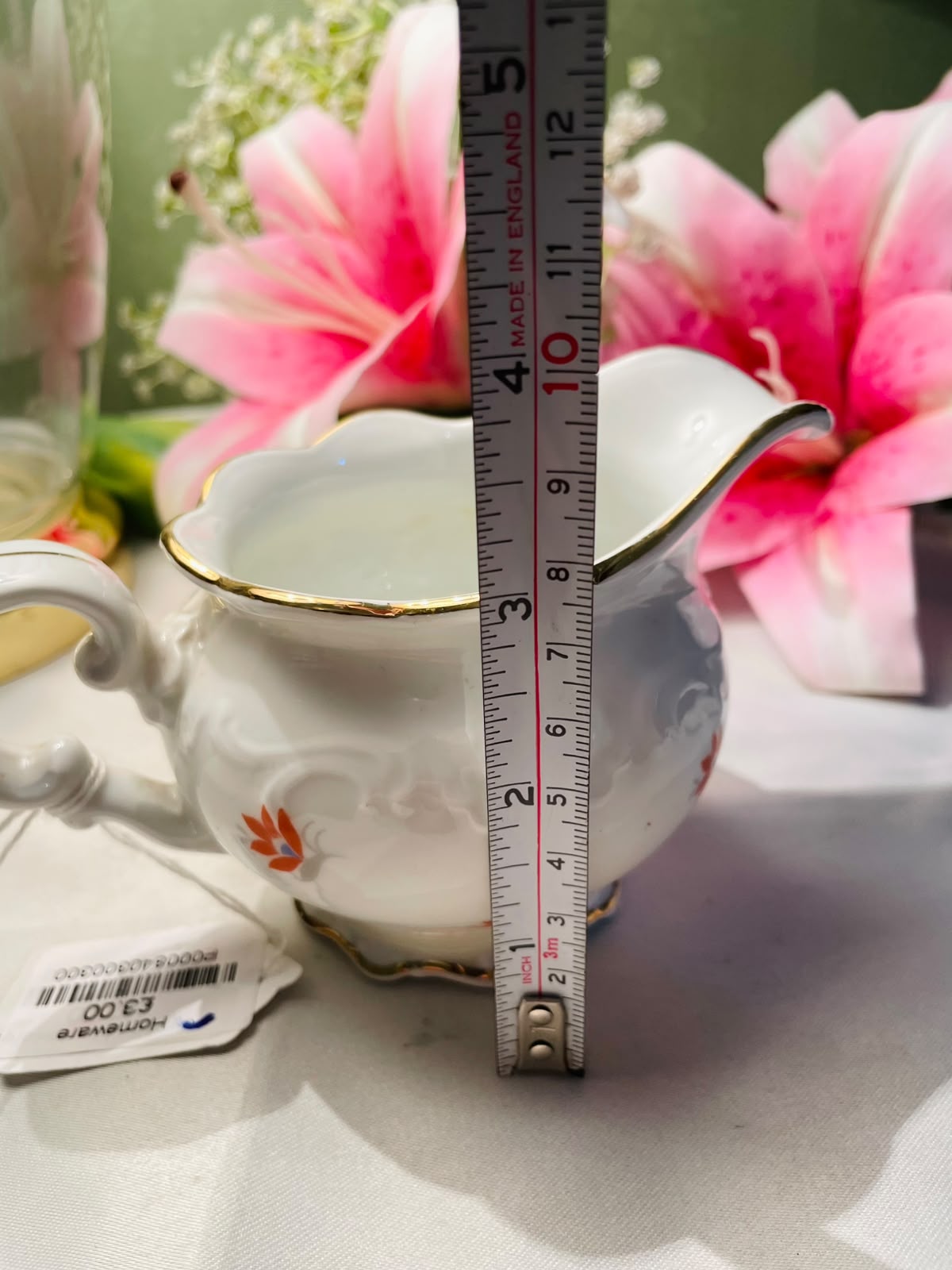 Vintage White Floral Milk Jug Gold Rim 9 cm