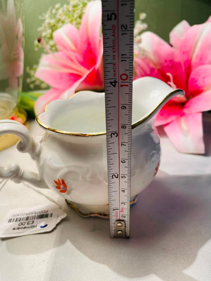 Vintage White Floral Milk Jug Gold Rim 9 cm