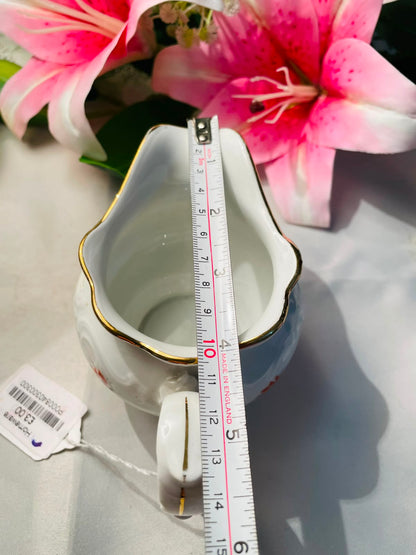 Vintage White Floral Milk Jug Gold Rim 9 cm