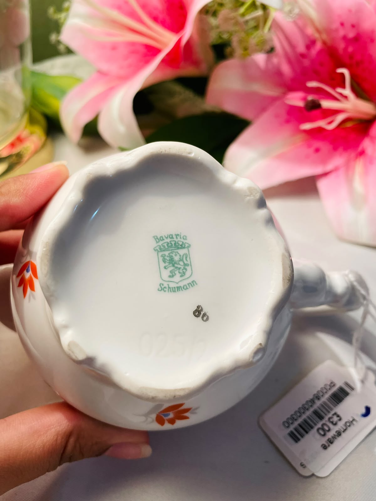 Vintage White Floral Milk Jug Gold Rim 9 cm