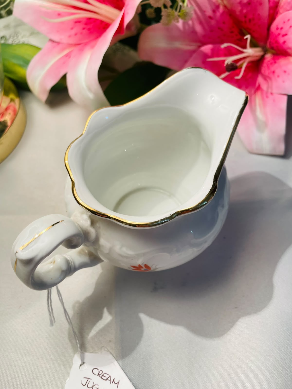 Vintage White Floral Milk Jug Gold Rim 9 cm