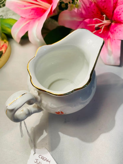 Vintage White Floral Milk Jug Gold Rim 9 cm