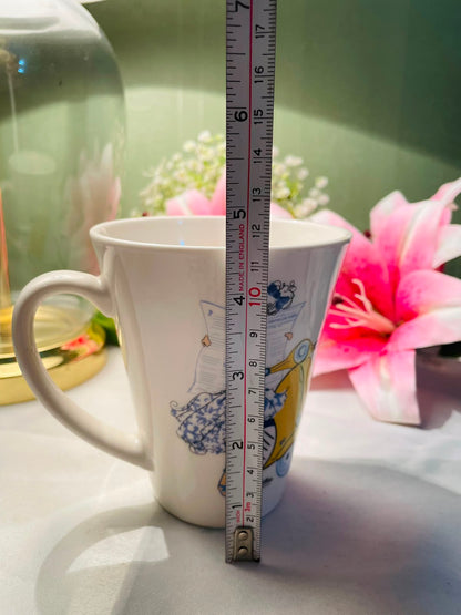White Ceramic Mug Blue & Yellow Illustrated Design 10 cm