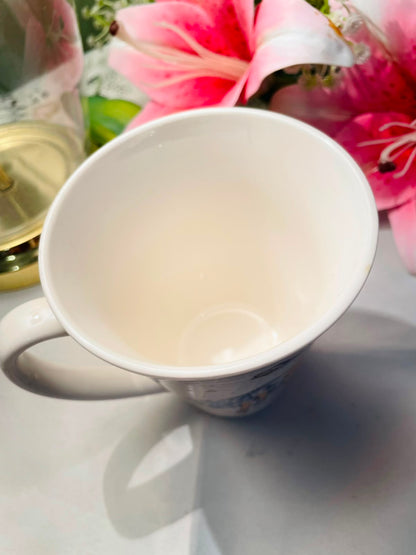 White Ceramic Mug Blue & Yellow Illustrated Design 10 cm