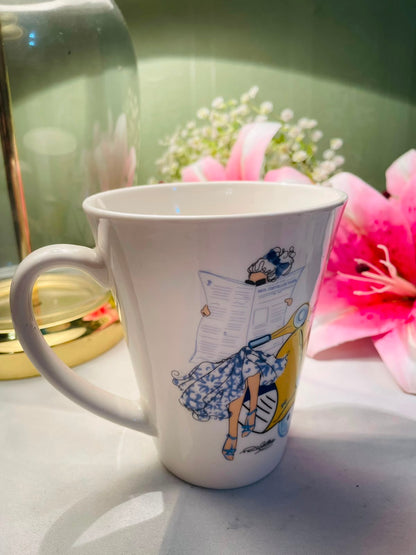 White Ceramic Mug Blue & Yellow Illustrated Design 10 cm