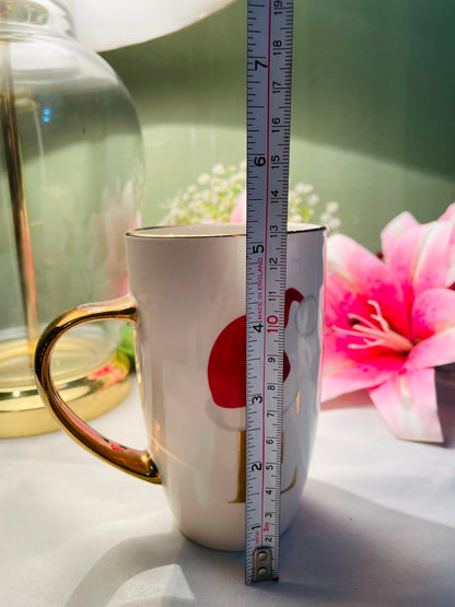 Tall White Ceramic Coffee Mug Gold Handle Red Graphic 13 cm
