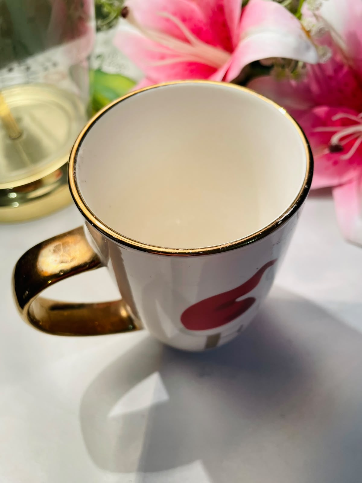 Tall White Ceramic Coffee Mug Gold Handle Red Graphic 13 cm