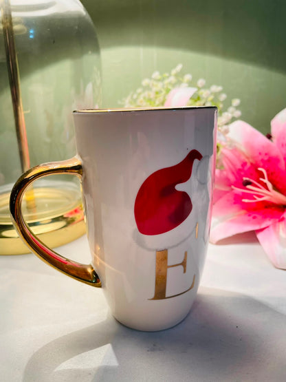 Tall White Ceramic Coffee Mug Gold Handle Red Graphic 13 cm