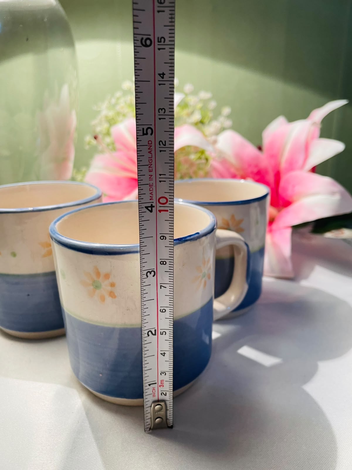 Hand painted Set of 3 Blue Floral Ceramic Mugs 9 cm