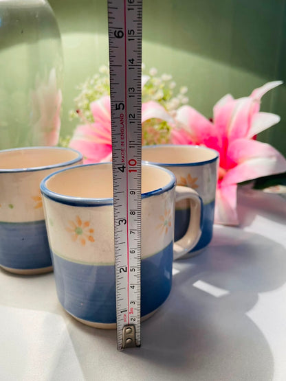 Hand painted Set of 3 Blue Floral Ceramic Mugs 9 cm