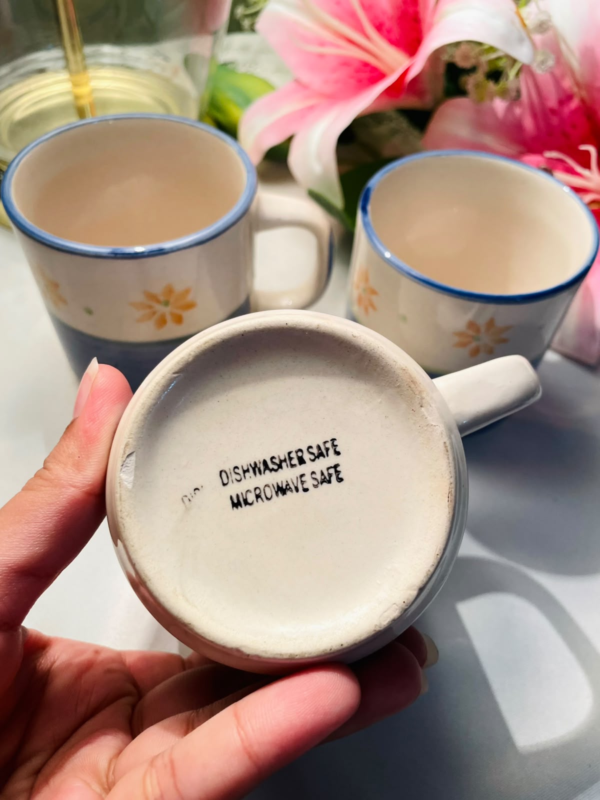 Hand painted Set of 3 Blue Floral Ceramic Mugs 9 cm