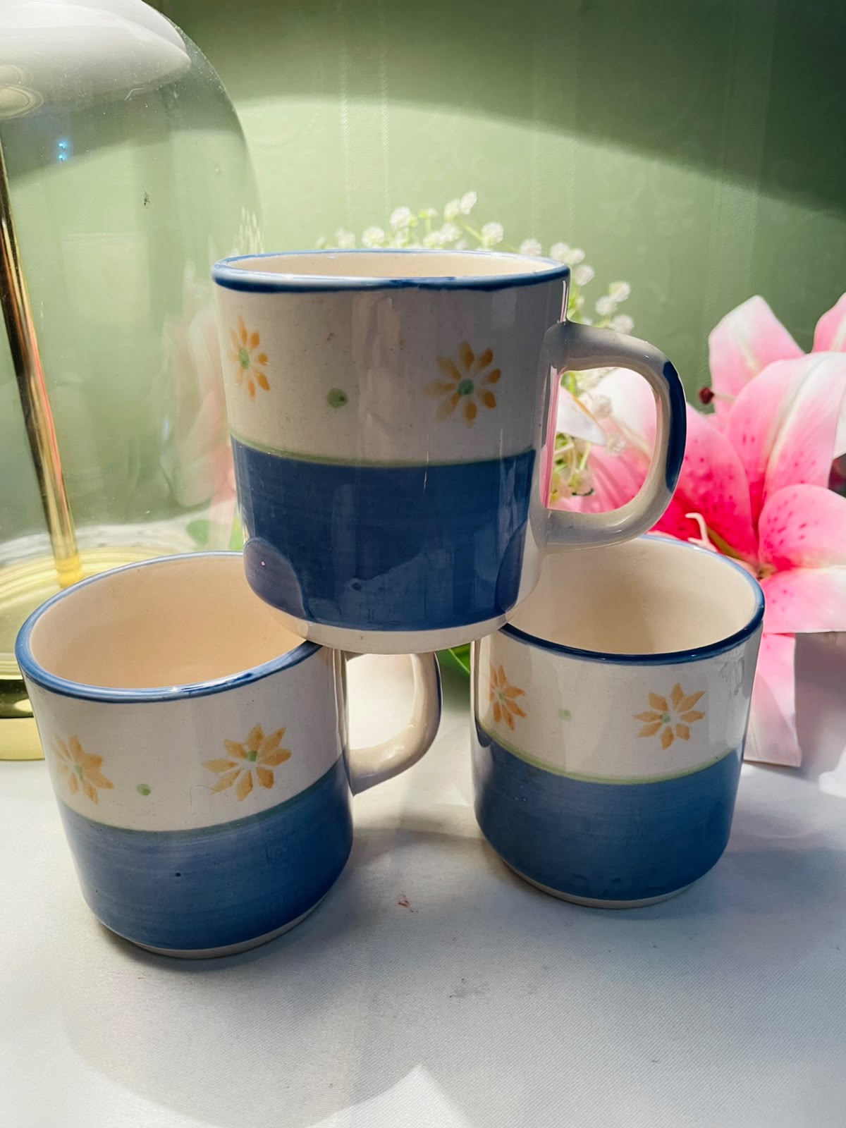Hand painted Set of 3 Blue Floral Ceramic Mugs 9 cm