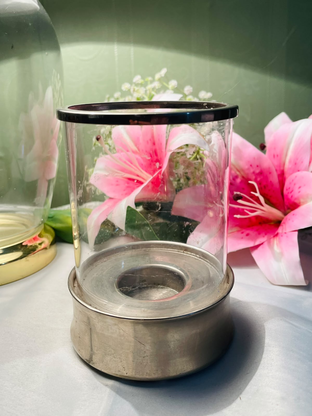 Vintage Glass & Metal Candle Holder Display 13 cm