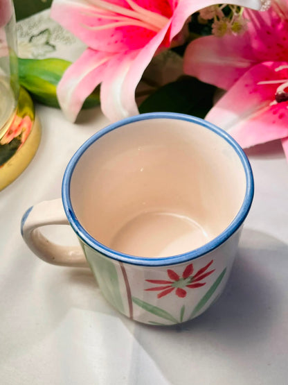 Hand painted Green & Red Floral Ceramic Mug Blue Rim 9 cm