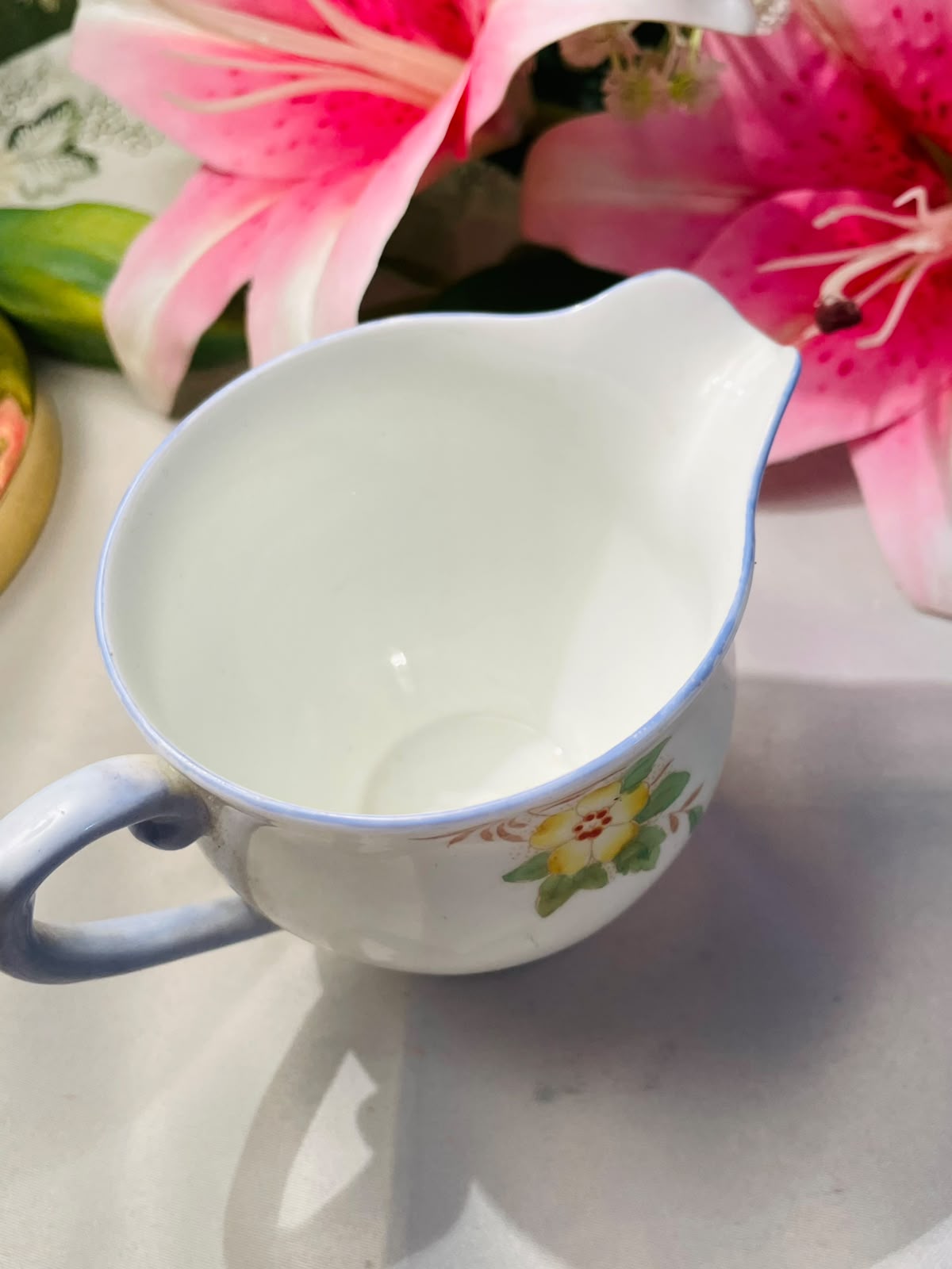 Vintage White Floral Ceramic Milk Jug Blue Trim 9 cm