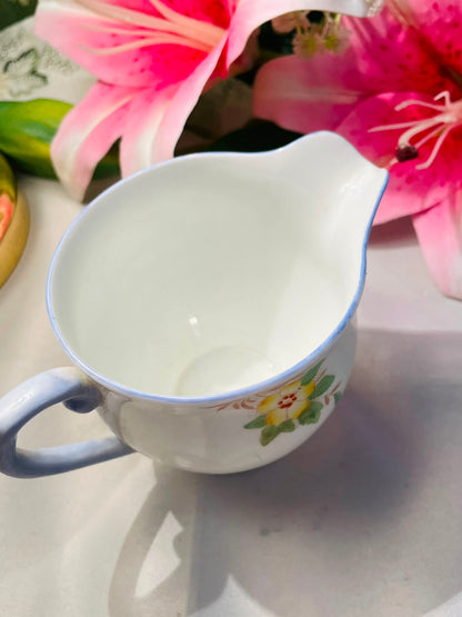 Vintage White Floral Ceramic Milk Jug Blue Trim 9 cm
