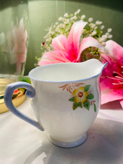 Vintage White Floral Ceramic Milk Jug Blue Trim 9 cm