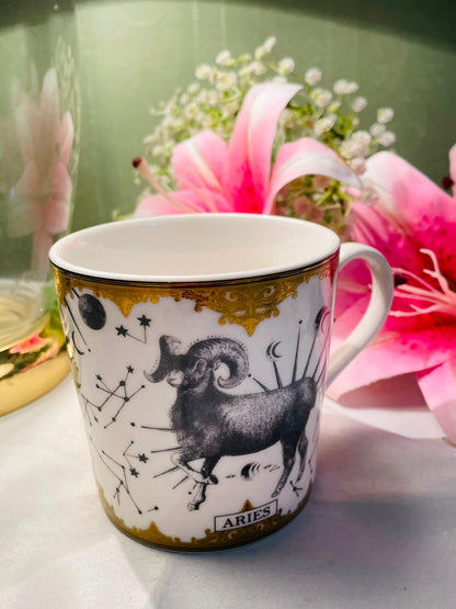 M&S Aries Zodiac Ram Ceramic Mug Gold Detail 10 cm