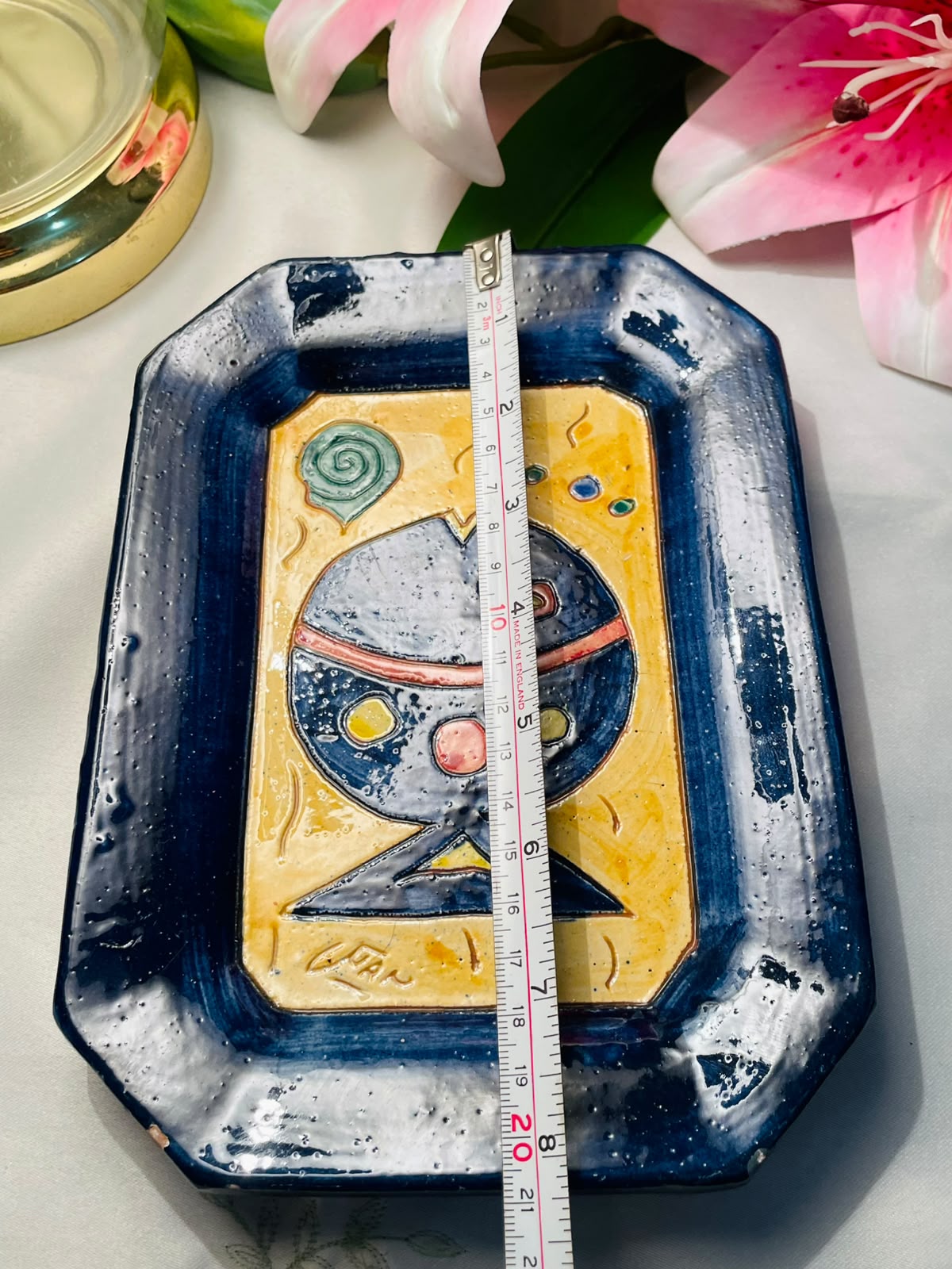 Vintage Hand painted Abstract Fish Ceramic Serving Tray Blue Yellow 20 cm