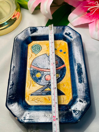 Vintage Hand painted Abstract Fish Ceramic Serving Tray Blue Yellow 20 cm