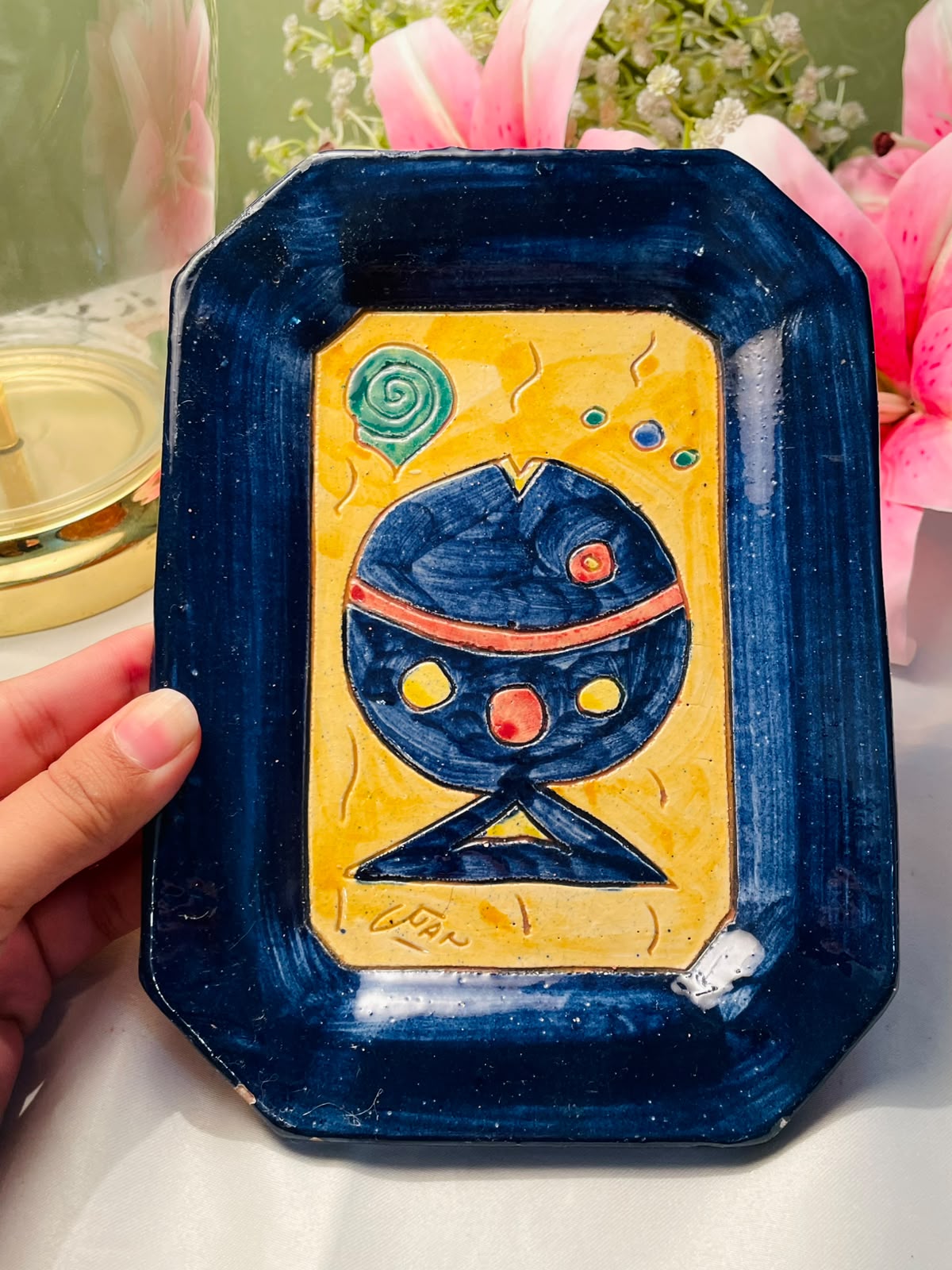 Vintage Hand painted Abstract Fish Ceramic Serving Tray Blue Yellow 20 cm