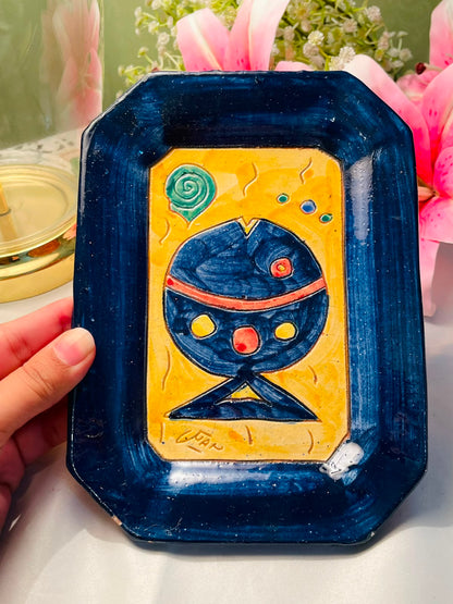 Vintage Hand painted Abstract Fish Ceramic Serving Tray Blue Yellow 20 cm