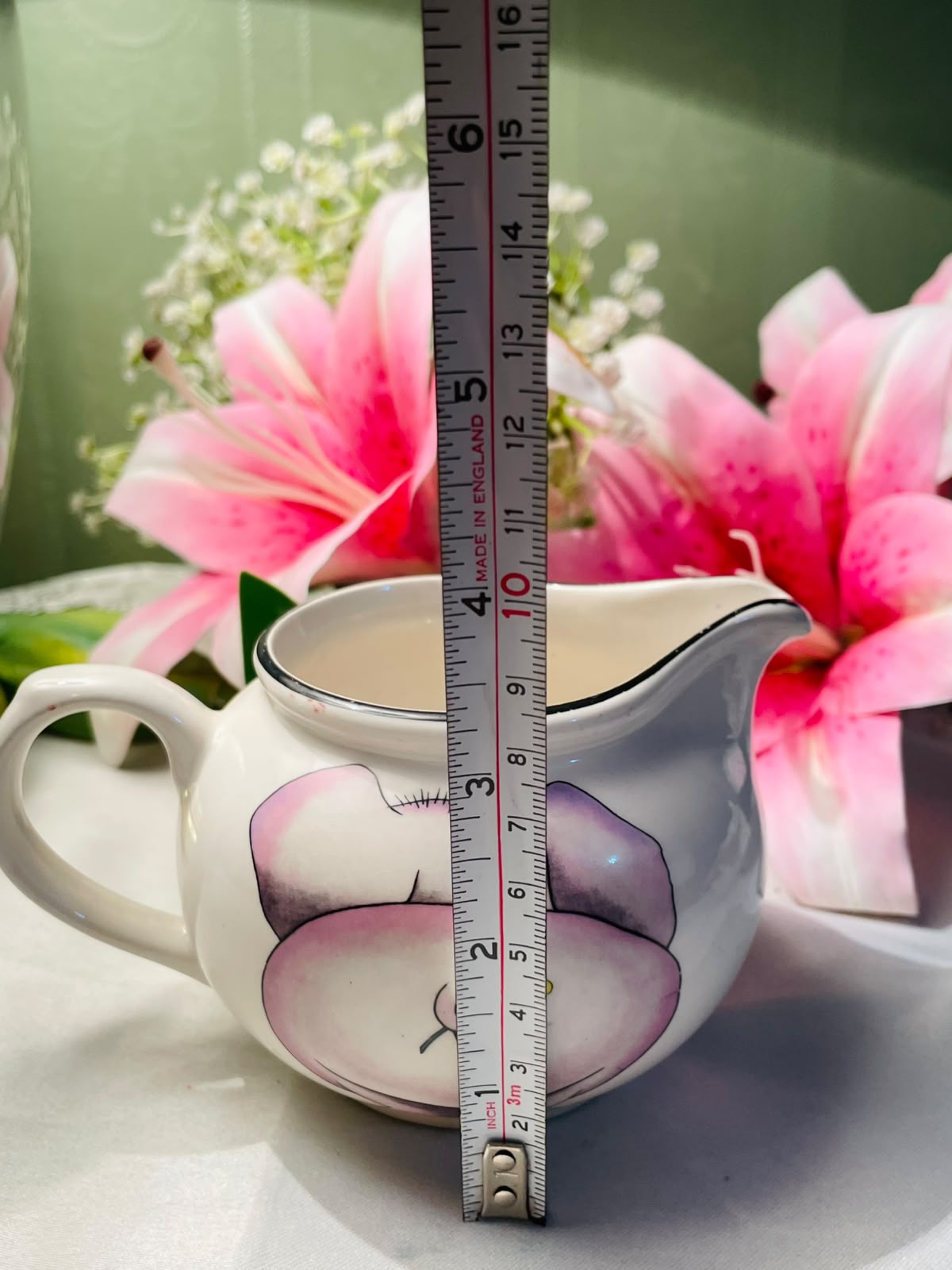 Vintage Arthur Wood White Pink Floral Ceramic Milk Jug Black Rim 10 cm