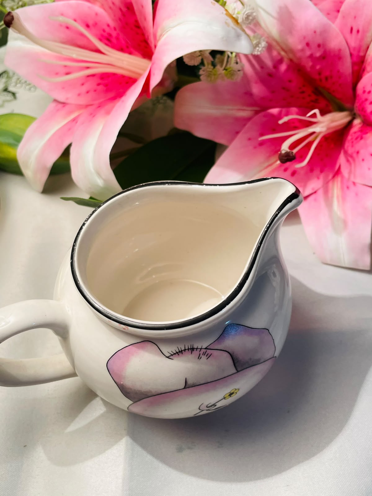Vintage Arthur Wood White Pink Floral Ceramic Milk Jug Black Rim 10 cm