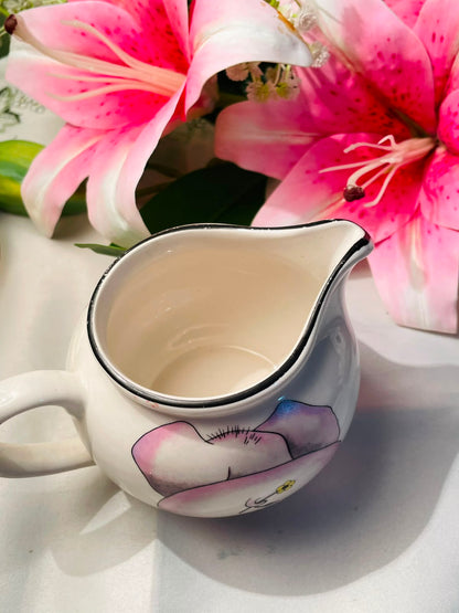 Vintage Arthur Wood White Pink Floral Ceramic Milk Jug Black Rim 10 cm