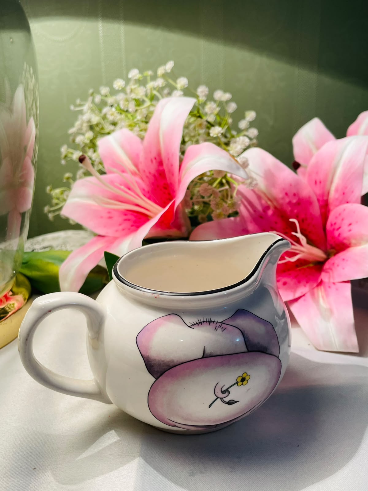 Vintage Arthur Wood White Pink Floral Ceramic Milk Jug Black Rim 10 cm